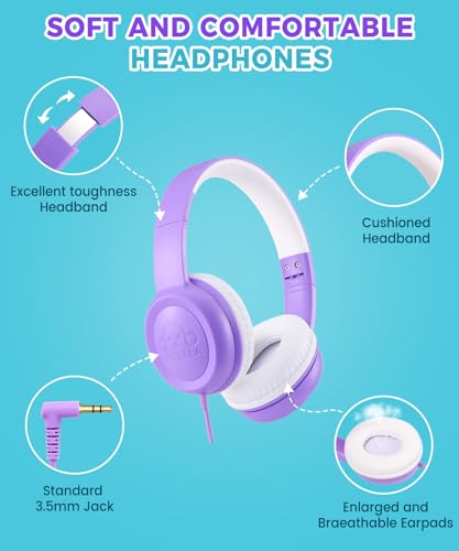 UKELALA C3 Kids Headphones Wired, On-Ear Wired Head Phones for Boys Girls with 3.5mm Jack, Foldable, Adjustable Headband, Child Headphone for School Home Airplane Tablet Purple - color: Purple