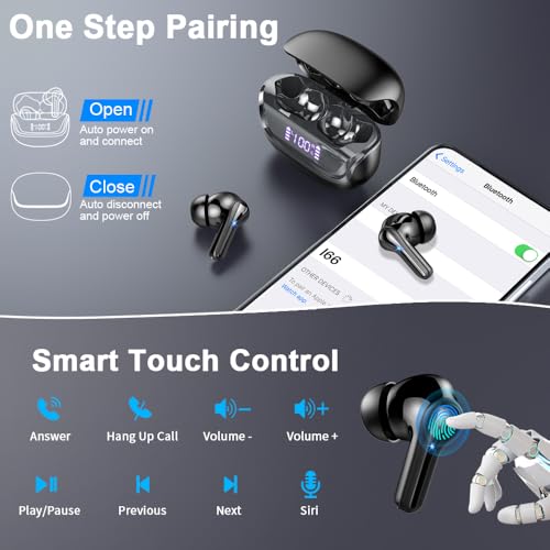 2026 Wireless Earbuds, Bluetooth 5.4 Headphones, HiFi Stereo, 50H Playtime | In-Ear Headphones with ENC Noise Cancelling Mics, IP7 Waterproof Wireless Headphones, Earbuds for iOS Android, LED Display - color: Magic Black