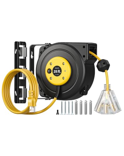 DEWENWILS 25FT Retractable Extension Cord Reel, 3-Outlet,14/3C SJTOW Cable - color: 25 Ft 14awg Yellow