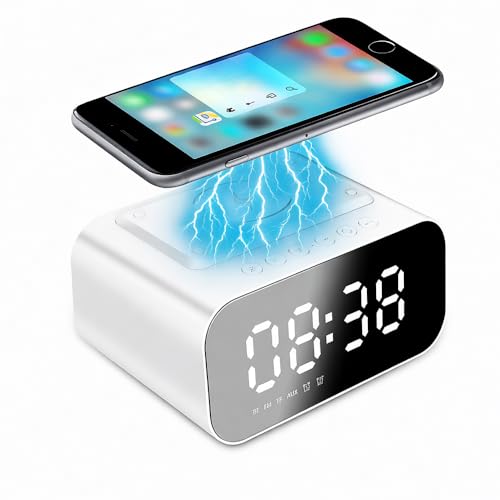 IHAO 7in1 Multifunctional Digital Alarm Clock with 15W Fast Wireless Charger Bluetooth Speaker LED Display Clock FM Radio TF Card, AUX Input, USB Port Dual Alarm for Bedroom and Office-BT510 White - color: 5in1 Wireless Charger Alarm Clock Bt510 White