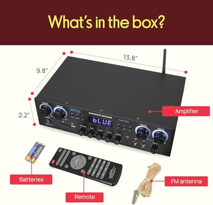 Pyle Home Stereo Receiver with Bluetooth - 4 Channel Amplifier, 800 Watt Max, USB-A Input w MP3 Player, Easy Karaoke Setup with Mic Vol, Reverb and Delay, RCA in/Out, SD Card, FM Radio - PDA77BU