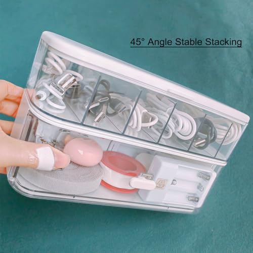 2 Pack Charger Cable Cord Storage Organizer Box, Plastic Flip-Top Cable Organizer Box and Drawer Charger Storage Box, USB Cable/Charger Organizer Boxes, Stackable Plastic Case