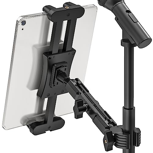 iPad Mic Stand Mount, 360 Rotation Tablet Holder for Microphone Music Stand with 5.9 Inch Metal Arm, Super C Clamp for 0.6-1.5" Diameter Rods, Compatible with All 4.7-13.5" Tablets & Smartphones