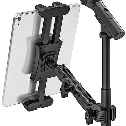 iPad Mic Stand Mount, 360 Rotation Tablet Holder for Microphone Music Stand with 5.9 Inch Metal Arm, Super C Clamp for 0.6-1.5" Diameter Rods, Compatible with All 4.7-13.5" Tablets & Smartphones