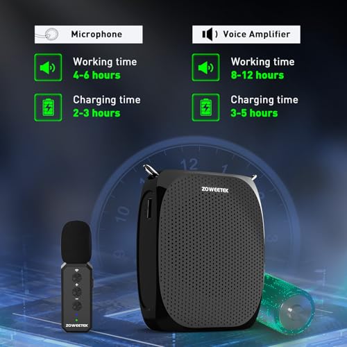 ZOWEETEK Wireless Voice Amplifier with Lavalier Mic for Teachers | Portable Speaker, Clip-On Microphone, Mini Design, Personal Mic System, for Speech, Meeting, Yoga - color: Black