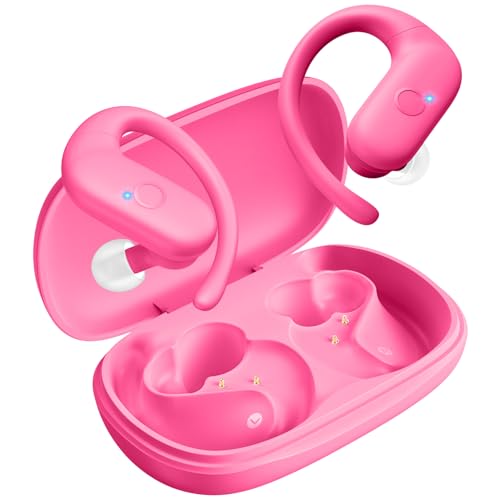 Sport Wireless Earbuds,60Hrs BT5.4 ENC IPX7 Waterproof Earhooks Deep Bass | 14.2mm drivers deliver rich stereo sound. Soft silicone ensures a secure, painless fit for long workouts. - color: Hot Pink