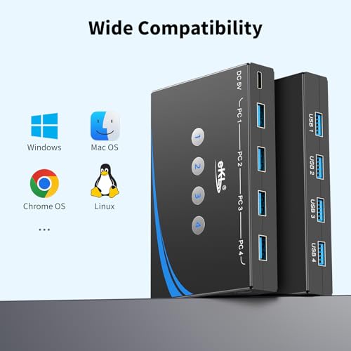 eKL USB 3.0 Switch 4 Computers Share 4 USB 3.0 Ports USB Switcher for PC Laptop Mouse Keyboard Scanner Printer One Button Switch with 3.5mm Headphone Jack and 4 Pack Cables - size: USB3.0 4 in 4 out