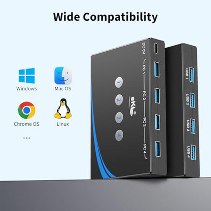 eKL USB 3.0 Switch 4 Computers Share 4 USB 3.0 Ports USB Switcher for PC Laptop Mouse Keyboard Scanner Printer One Button Switch with 3.5mm Headphone Jack and 4 Pack Cables - size: USB3.0 4 in 4 out