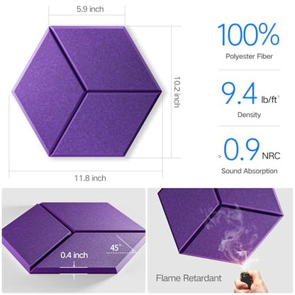 12 Pack Self-Adhesive Acoustic Panels 12" X 10" X 0.4" - Sound Proof Foam Panels with High Density, Y-Lined Design, Flame Resistant, Absorb Noise and Eliminate Echoes(Purple) - color: Purple, size: Y-Cut Hexagon 12 Pack