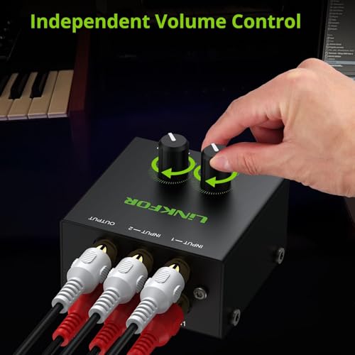 LiNKFOR 2 Channel Mixer Mini Stereo Mixer,RCA Stereo Audio Mixer | Suitable for TV, computers, game consoles and CD players and all devices with standard RCA interfaces