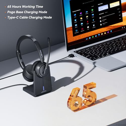 LEVN Wireless Headset, Wireless Headset with Mic for Work, AI Noise Cancelling, 65 Hrs Working Time, Bluetooth Headphones with Microphone from Computer/Call Center/Teams