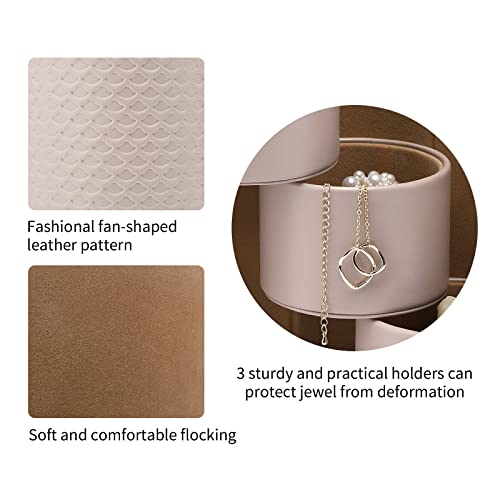 VLANDO Travel Jewelry Organizer, 3 Tier Roll Up Design, Hard Shell Storage | Stepped Sections Compartments Keep Jewelry Visible, Soft Lining Protect Pieces, Snap Closure, Travel Gift for Women Girl - color: Grey&Khaki