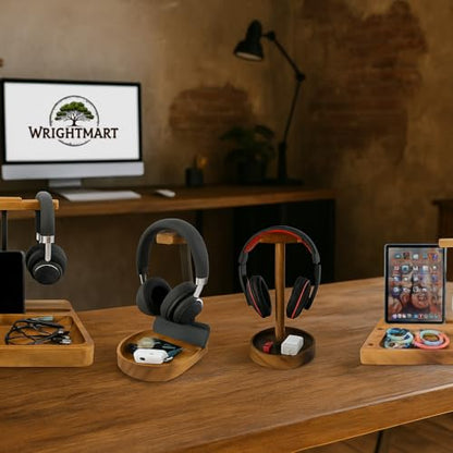 Headphone & Phone Stand, Dual Acacia Wood Holder with Tray, Desk Organizer | Solid wood headset & phone stand with tray for gaming & home office desks, universal fit for most headphones & cell phones - style: Wooden Headset Cell Phone Holder