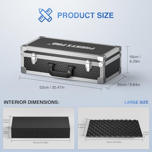 Phenyx Pro Large Carrying Case with Customizable Pre-Diced Foam PCSE-L | Aluminum Alloy Frame, Large Gear Storage, Quad-Channel Wireless Mic Systems, Camera Gear Transport - size: Large (20.3×10×5.9 Inch)