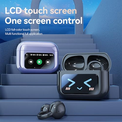 Open Ear Clip Headphones Wireless Earbuds Bluetooth 5.4 Sports Earphones with Wireless LED Touch Screen Waterproof in Ear Earphones for Pad Tablet Laptop Android/iOS Phones (Purple) - color: Purple