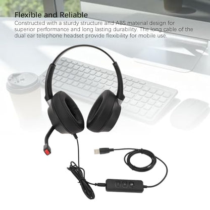 Phone Headset, Dual Ear Call Center Headset with Microphone, Noise Canceling, USB to USB C Adapter, for Office, PC, Laptop