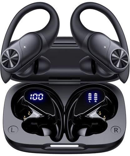 PocBuds Bluetooth Headphones Wireless Earbuds 80hrs Playtime Wireless Charging Case Digital Display Sports Ear Buds with Earhook Deep Bass IPX7 Waterproof Over-Ear Earphones for TV Phone Laptop Black - color: Black, style: AI Buds Pro