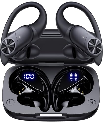 PocBuds Bluetooth Headphones Wireless Earbuds 80hrs Playtime Wireless Charging Case Digital Display Sports Ear Buds with Earhook Deep Bass IPX7 Waterproof Over-Ear Earphones for TV Phone Laptop Black - color: Black, style: Game Buds Pro