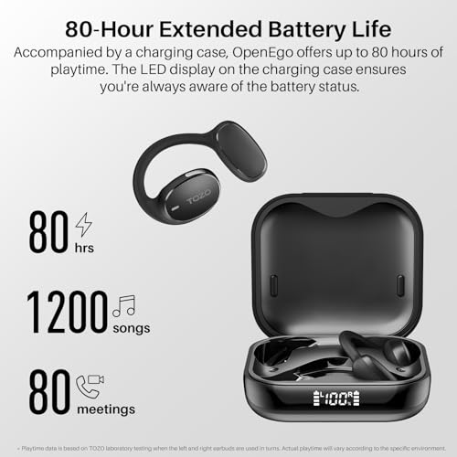 TOZO OpenEgo Open Ear Earbuds 80H Bluetooth 5.3 Headphones Sport Earbuds | Open Ear Structure with Earhooks, 32 EQ Modes, Digital LED Display,HD Clear Calls, Comfort Wear For Running, Travel, Office - color: Black