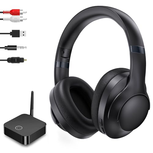 Wireless TV Headphones with Transmitterfor Seniors,Optical,RCA,AUX,USB,BK | 2.4GHz wireless TV headphones with 22ms low delay,dual-link phone sync,individual volume control,and universal compatibility.