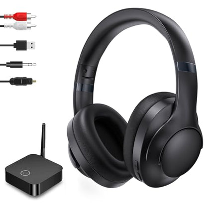 Wireless TV Headphones with Transmitterfor Seniors,Optical,RCA,AUX,USB,BK | 2.4GHz wireless TV headphones with 22ms low delay,dual-link phone sync,individual volume control,and universal compatibility.