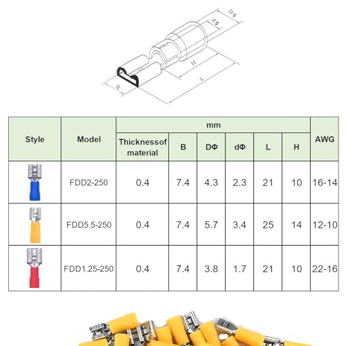 빠른 분리 비닐 절연 암 스페이드 와이어 커넥터 100개, 12-10AWG 6.3mm 0.6cm(1/4인치) 전기 크림프 터미널 - size: Female 100pcs AWG12-10 Yellow