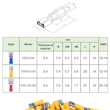 빠른 분리 비닐 절연 암 스페이드 와이어 커넥터 100개, 12-10AWG 6.3mm 0.6cm(1/4인치) 전기 크림프 터미널 - size: Female 100pcs AWG12-10 Yellow