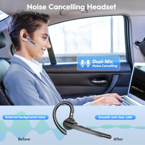 Bluetooth Headset 72H Work Single-Ear Wireless Earpiece for Cell Phone Call | 2 Charging Ways & 500mAh Charging Case,Dual Mic ENC Noise Cancel, Mute Button,V5.1 Hands-Free for Phone and Laptop - color: All Black
