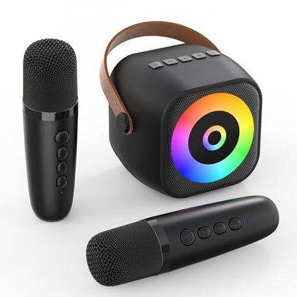 Mini Karaoke Machine, Portable Bluetooth Karaoke Speaker with 2 Wireless Mics for Kids and Adults, Birthday Gifts for Girls and Boys 3-12+ Years Old Birthday Party Home Black