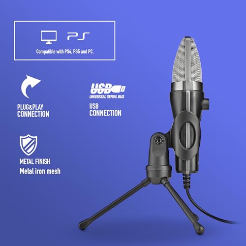 NGS MS120 USB Cardioid Microphone for Streaming, Podcast and Gaming, Latency-Free Monitoring, Volume Control, Mute Button, Plug & Play, for PC, PS4, PS5, Non-Slip Mount