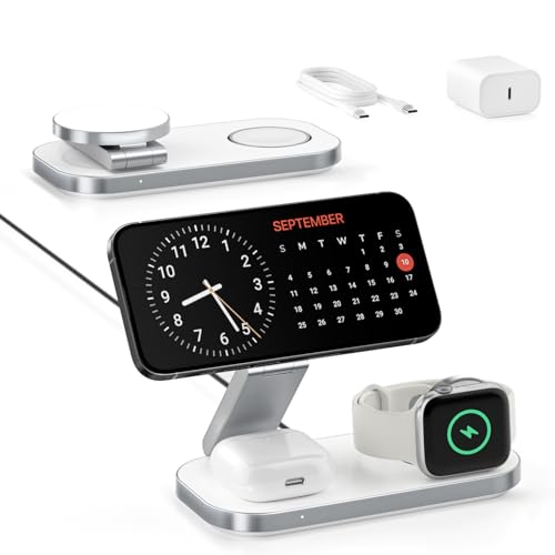 3-in-1 Charging Station for Apple Device, Foldable Magnetic Wireless Fast Charger Stand Compatible with MagSafe for iPhone 17e/17/16/15/14/13/12/Air Series, Apple Watch & AirPods-White - color: White