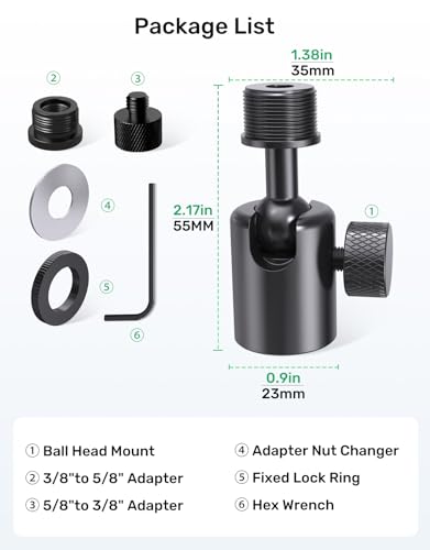 Ball and Socket Head Microphone Adapter, All-Metal, 360° Pan and 90° Tilt | Compact and Lightweight, Secure Locking, 5/8" and 3/8" All-Metal Adapter, Swivel Mic Stand Adapter, Ideal for Camera and Mic
