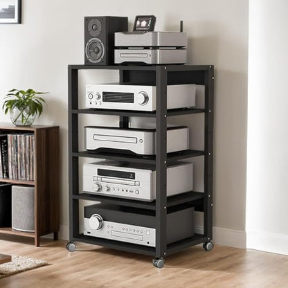 5 Tier Audio Rack AV Media Player Stand Stereo Cabinet | Floor-Standing CD DVD Record Player Stand, Movable Component Storage Shelf with Wheels for Home Theater, Black - size: 5 Tier