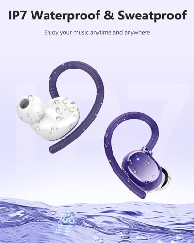 hadbleng Wireless Bluetooth Earbuds Sport 128H Playtime Bluetooth 5.3 Headphones with LED Display Powerful Bass Over Ear Earphones with Earhooks IP7 Waterproof - color: Dark purple