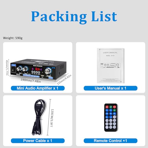 AK35 200W Stereo Audio Amplifier Bluetooth 5.0, 2.0 Channel Mini Amplifier Stereo Receivers with Bass & Treble Control,Home Amplifier w/AUX, USB, SD Card Input,Remote Control - color: black-AK35