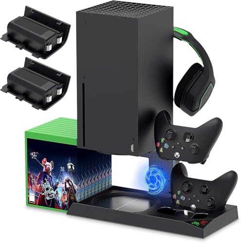 YUANHOT Vertical Xbox Series X Cooling Stand, Fan & 2-Battery Charger Dock | Includes 2*1400mAh rechargeable batteries, headset & disc storage,vertical fan cooling for Xbox Series X console & controller - color: Black