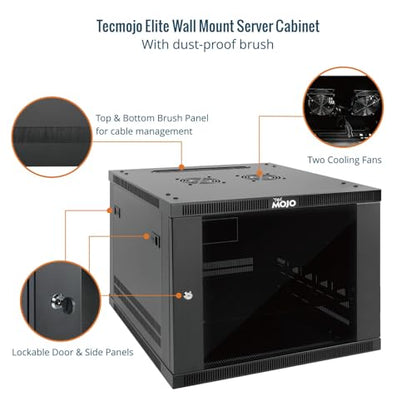 Tecmojo 9U Wall Mount Rack Cabinet, Heavy-Duty 176 Lbs High Load Capacity, 19” Enclosed Server Network Rack with Glass Door, 17.7” Deep – Elite Collection - size: 9U/17.7in Depth/Glass Door
