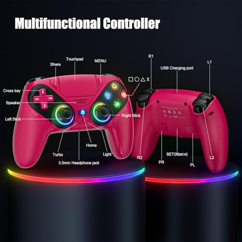 Gamrombo LED Wireless Controller for PS5, Compatible with PS5 Pro/Slim/PC, Dual Vibration, Macro/Turbo Function, 3.5mm Audio Jack, 6-Axis Motion Control Gamepad with Speaker(Maroon) - color: Maroon