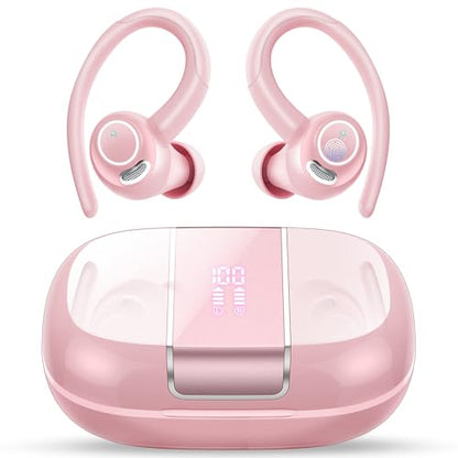 Wireless Sports Earbuds with Earhook, 48H Deep Bass/ENC Mic Ear Buds Rose | Wireless Earphone with LED Display, Bluetooth 5.3 Headphones In Ear, IPX7 Waterproof Over Ear Buds for Running/Workout - color: Rose