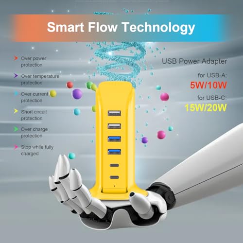 45W USB Charging Station, 6-Port Hub with 4 USB-A & 2 USB-C Ports, 5ft Cable, Yellow - color: yellow usb c charger block