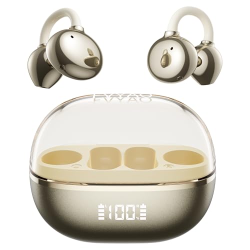 Open Ear Clip on Earbuds Bluetooth Headphones Wireless Ear Buds | Bluetooth 5.4 LED Digital Display IPX5 Waterproof HiFi Stereo 36H Playtime Comfortable Lightweight - color: Gold