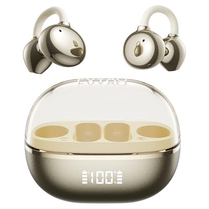 Open Ear Clip on Earbuds Bluetooth Headphones Wireless Ear Buds | Bluetooth 5.4 LED Digital Display IPX5 Waterproof HiFi Stereo 36H Playtime Comfortable Lightweight - color: Gold