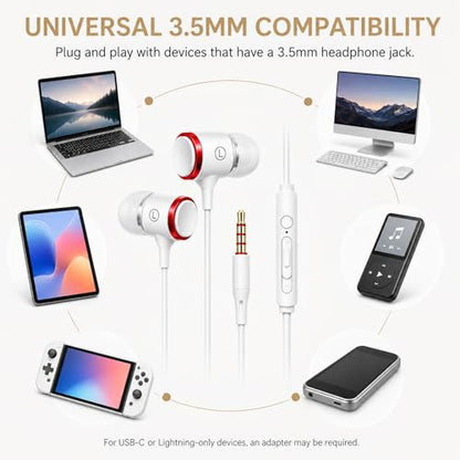 Rosmas 케이스가 있는 유선 헤드폰, 3.5mm 오디오 잭, 소음 차단 HiFi 스테레오 이어폰, 마이크 포함, 볼륨 컨트롤 및 노트북/크롬북/킨들/스위치/안드로이드/MP3 학교용 클리어 통화 (화이트) - size: White –Upgraded