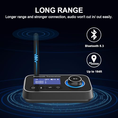Bluetooth 5.3 Transmitter Receiver for 2 Headphones 3-in-1 Audio Adapter with Bypass Low Latency LCD Display ON/OFF Switch Volume Control Optical AUX RCA for Headphone Speaker TV Home Stereo - color: Single Antenna-GREY