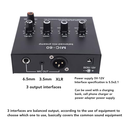 Balanced Microphone Preamp, 48V Power Mic Gain Booster with XLR/6.35mm/3.5mm Input Output for Dynamic and Condenser Mic, 60dB Gain, Low Noise, for Vocal Recording Podcast L