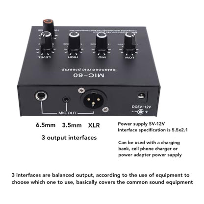 Balanced Microphone Preamp, 48V Power Mic Gain Booster with XLR/6.35mm/3.5mm Input Output for Dynamic and Condenser Mic, 60dB Gain, Low Noise, for Vocal Recording Podcast L