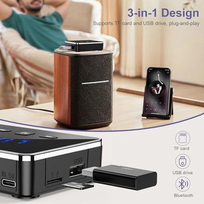 Bluetooth Audio Adapter, Bluetooth 5.4 Transmitter Receiver Support U-Disk, TF Cards, Optical/RCA/Aux, LED Display Bluetooth Receiver for TV, Home Stereo, Wireless Adapter for Speakers Headphone