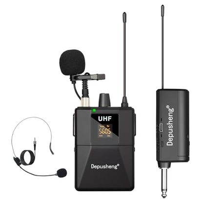 Depusheng UHF Wireless Microphone Headset System -Wireless Headset Mic System, with Lavalier Lapel Mics,200ft Range, 1/8'' and 1/4'' Plug for Recording PA Speaker,Conference
