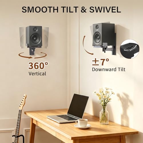 Speaker Wall Mounts,Adjustable Swivel & Tilt,55 Lbs,1Pair Black | Dual Side-Clamping Bookshelf Speaker Stands with 360° Swivel & ±7° Tilt,Fits 5.3"-11.0" Wide,55 lbs Capable,Includes Hardware