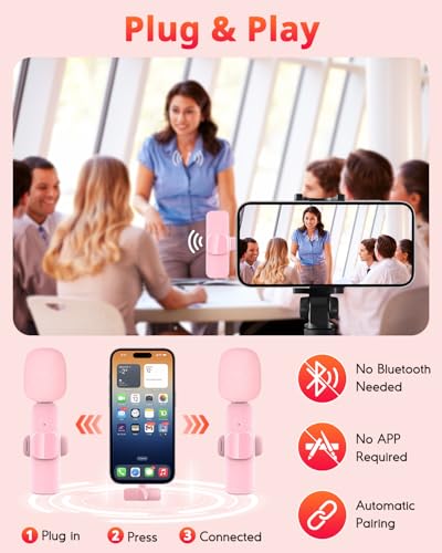 Pink Mini Wireless Microphone for iPhone & Android, Lavalier Microphone with Noise Cancellation, Plug & Play Pink Mic for YouTube, TikTok, Podcast, Live Stream